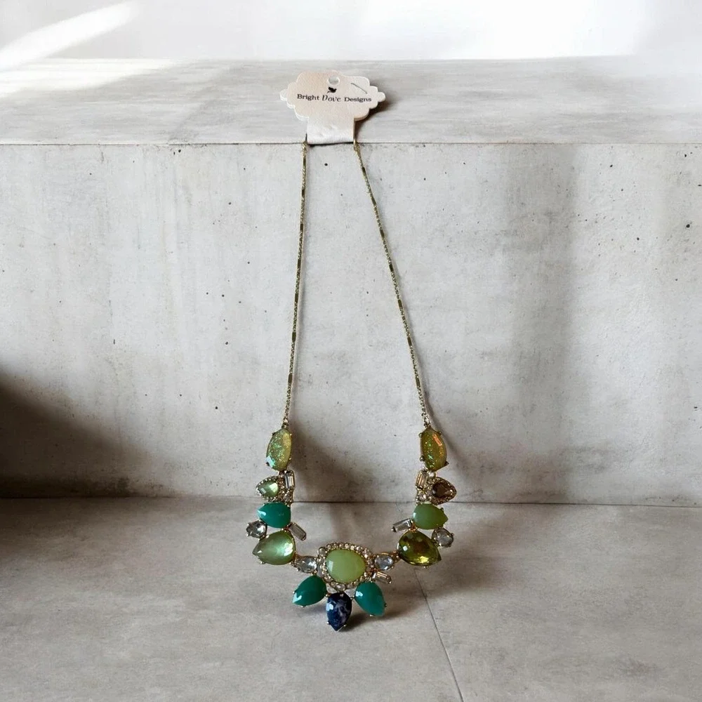 Bright Dove Designs Statement Necklace Green Teal Crystal Rhinestone Bib Necklac